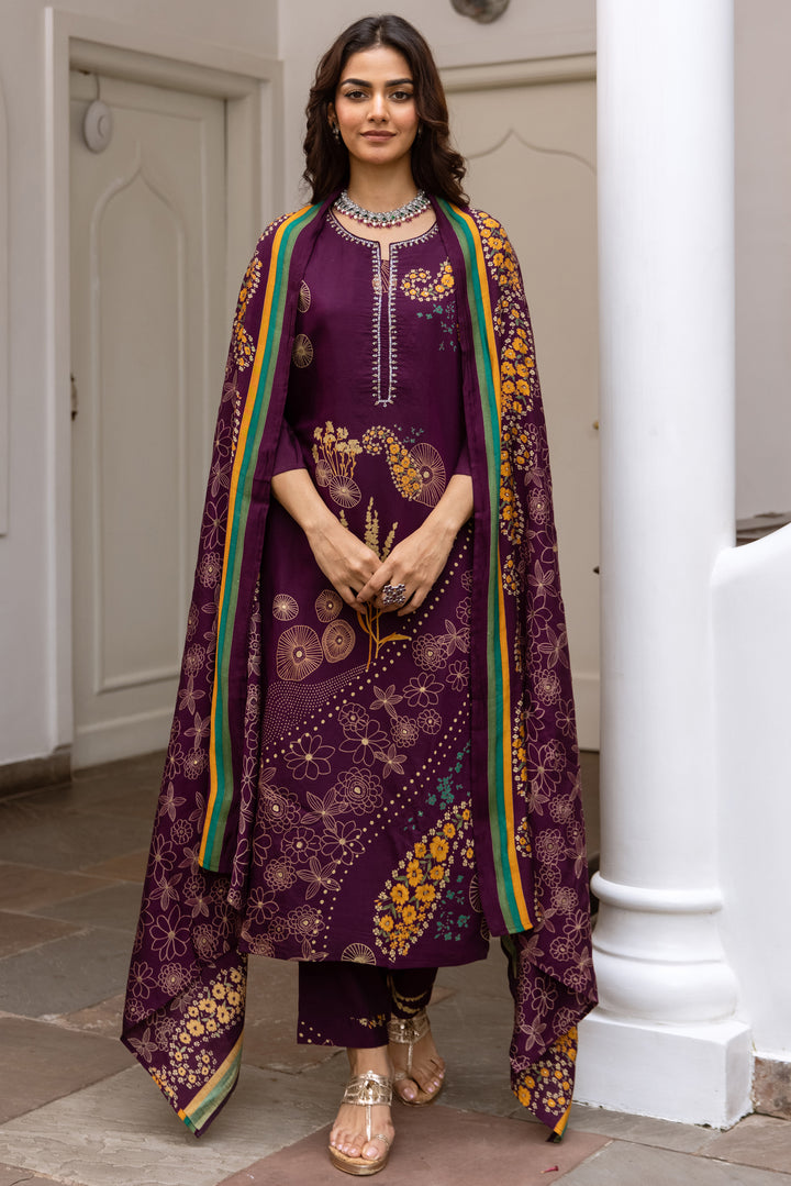 Women's Purple Modal Muslin Kurta Pant and Dupatta Set