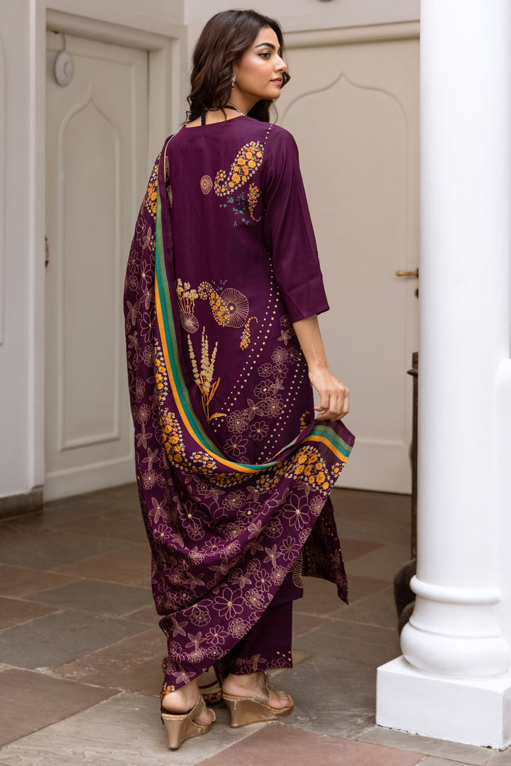 Women's Purple Modal Muslin Kurta Pant and Dupatta Set