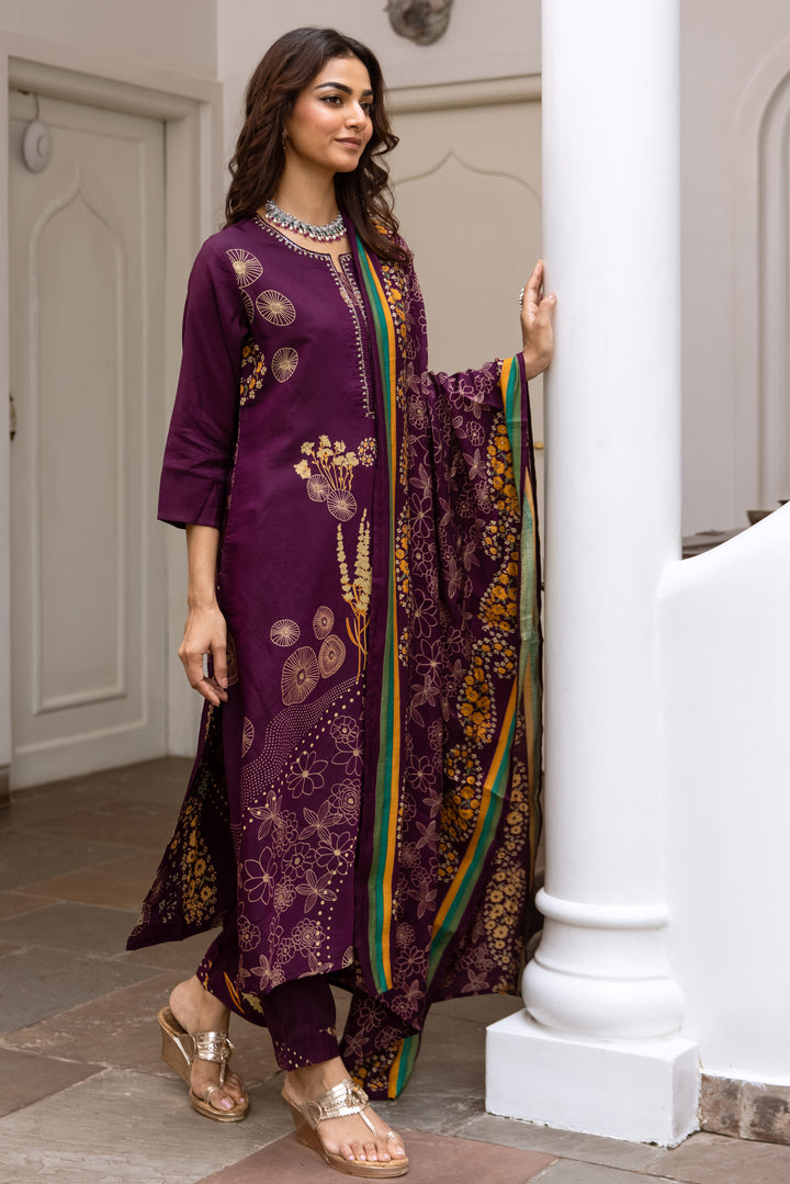 Women's Purple Modal Muslin Kurta Pant and Dupatta Set