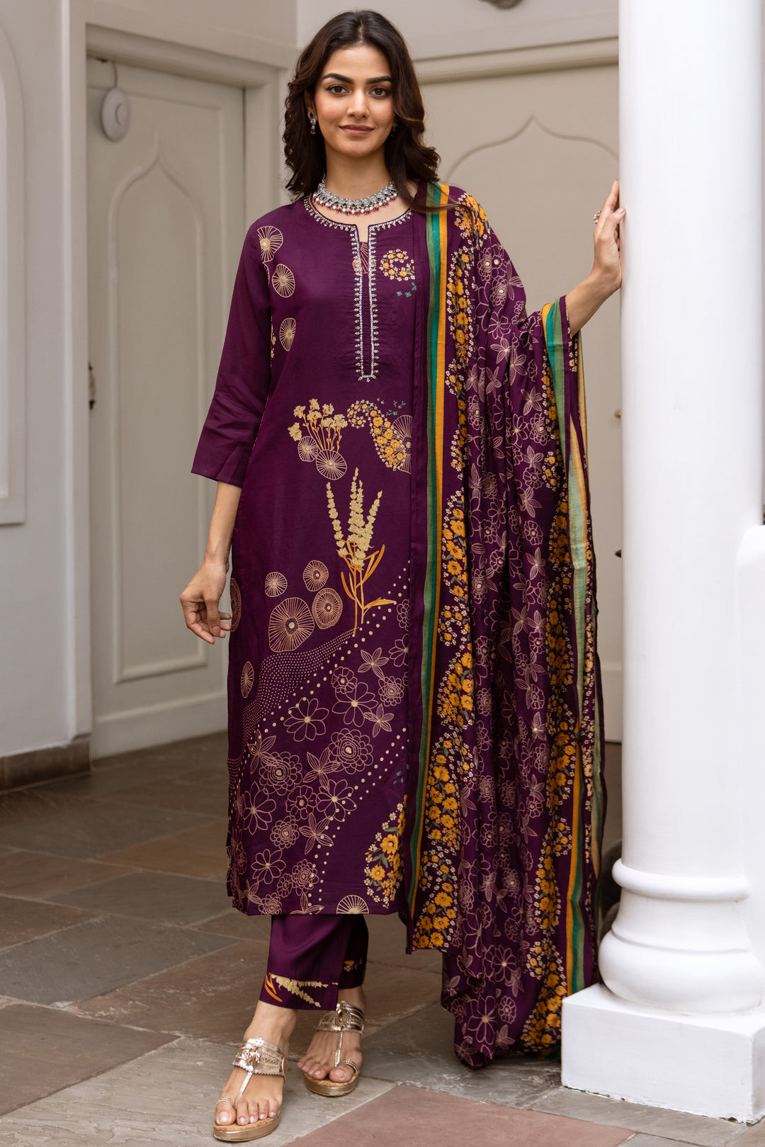 Women's Purple Modal Muslin Kurta Pant and Dupatta Set