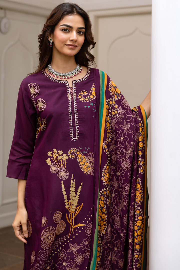 Women's Purple Modal Muslin Kurta Pant and Dupatta Set