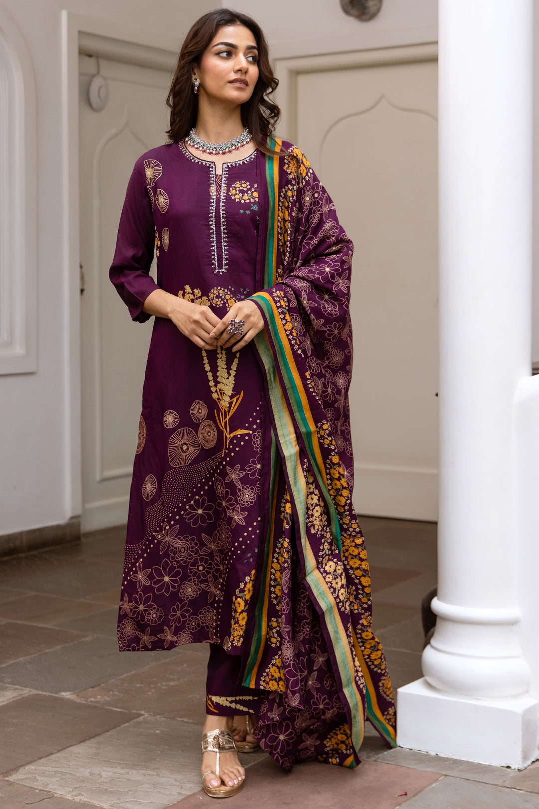 Women's Purple Modal Muslin Kurta Pant and Dupatta Set