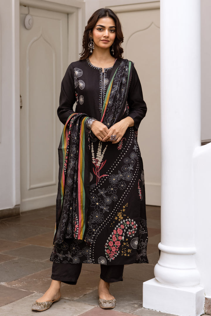 Women's Black Modal Muslin Kurta Pant and Dupatta Set