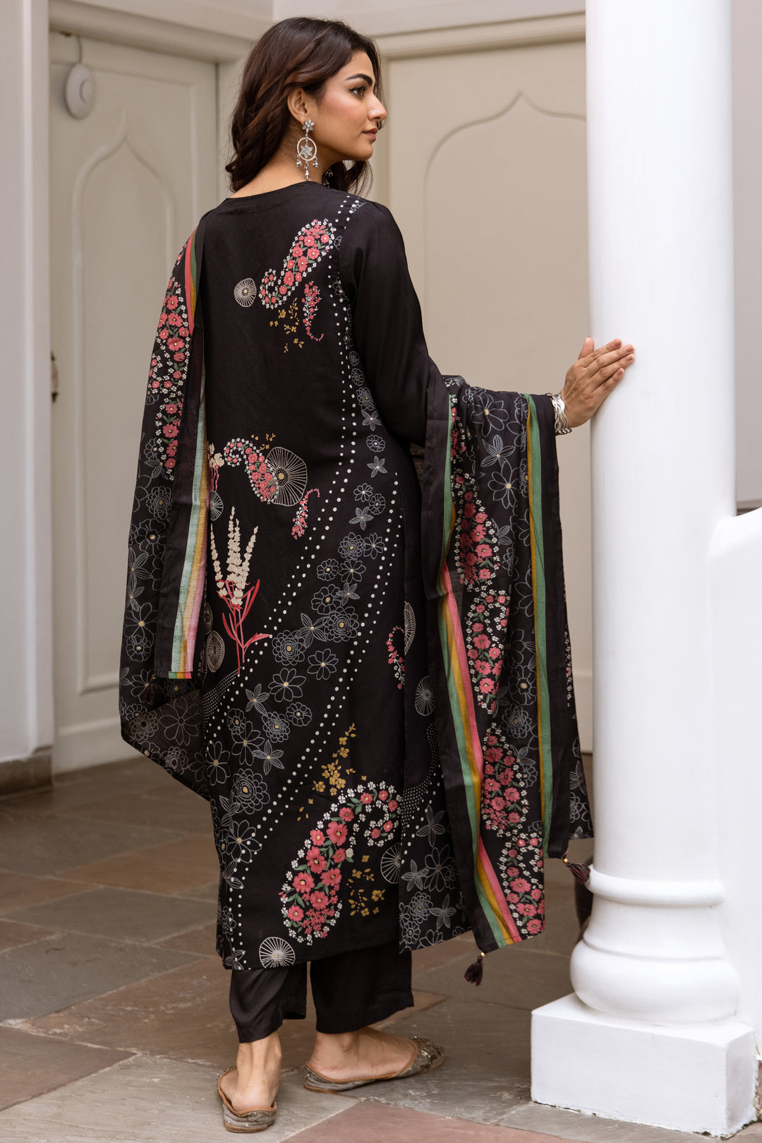 Women's Black Modal Muslin Kurta Pant and Dupatta Set