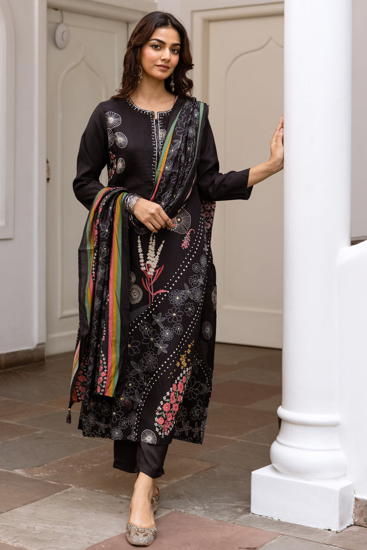 Women's Black Modal Muslin Kurta Pant and Dupatta Set