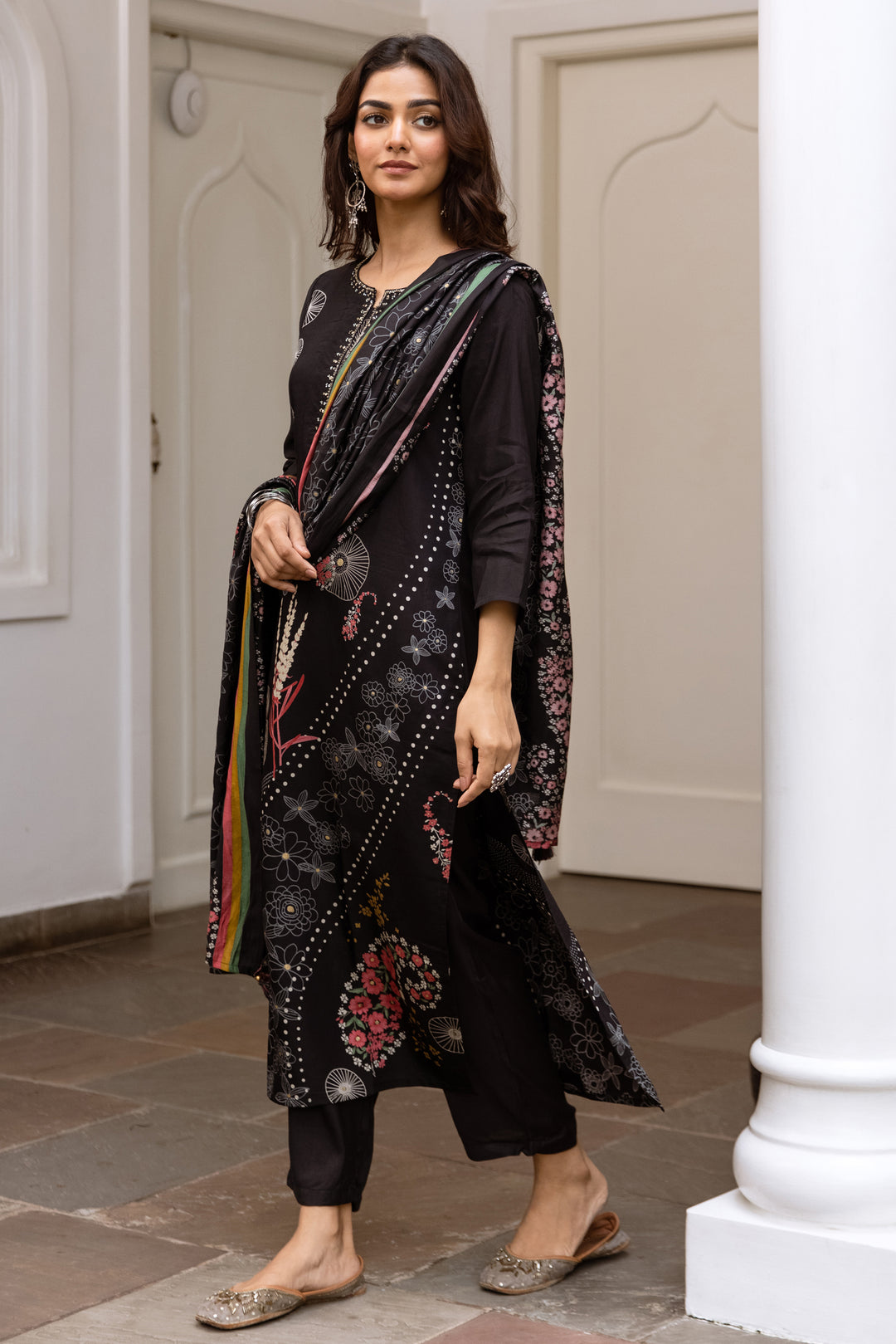 Women's Black Modal Muslin Kurta Pant and Dupatta Set