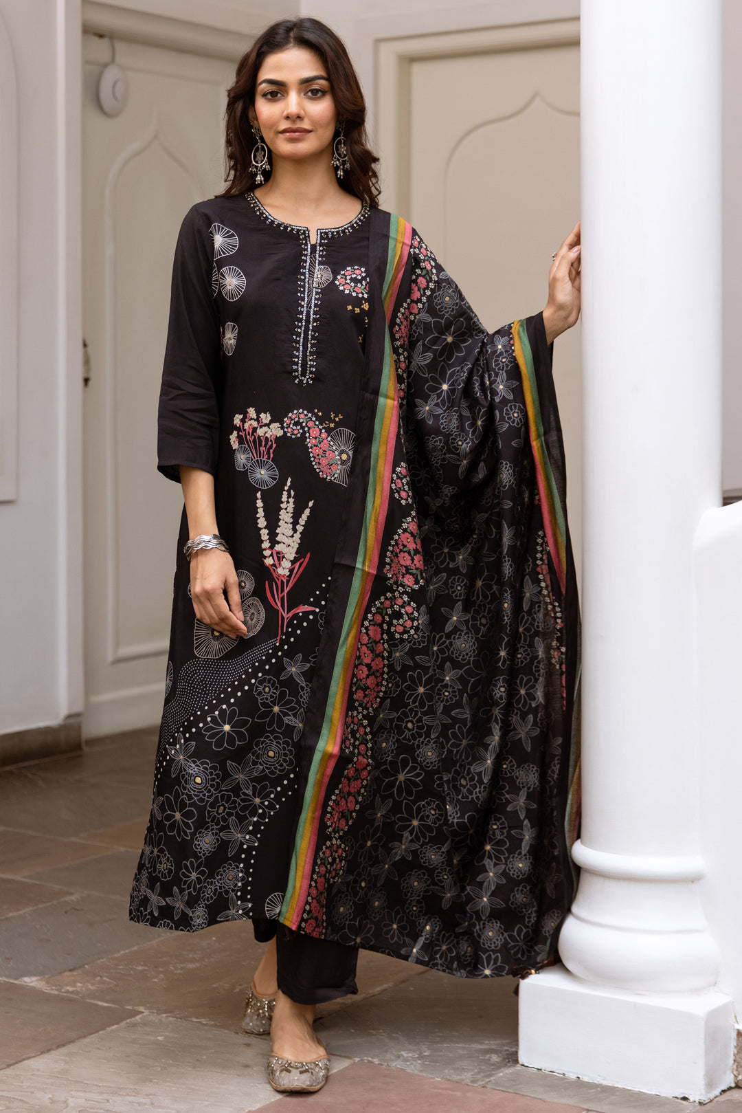 Women's Black Modal Muslin Kurta Pant and Dupatta Set