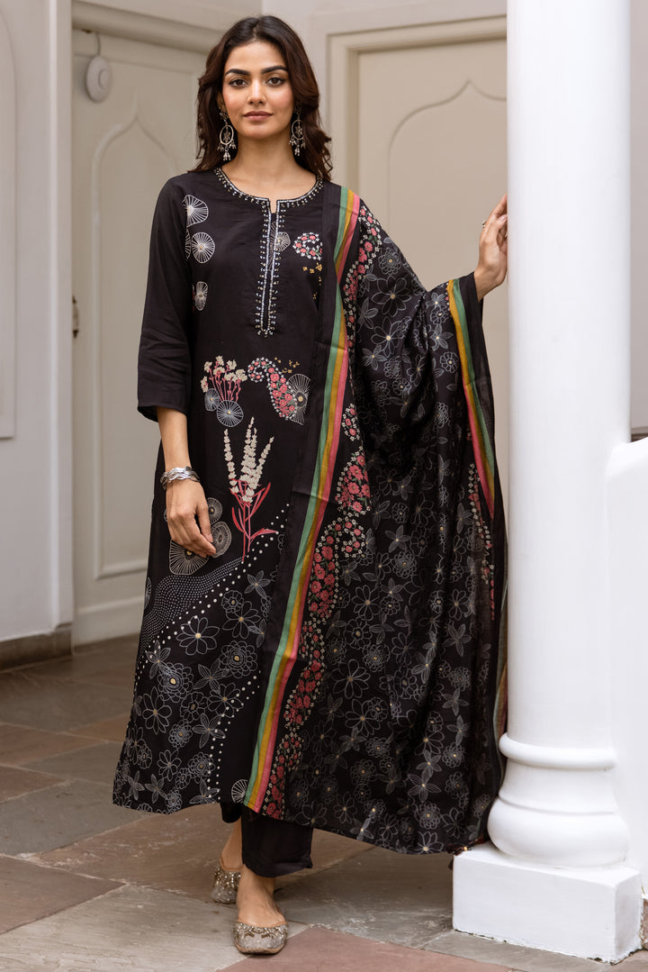 Women's Black Modal Muslin Kurta Pant and Dupatta Set