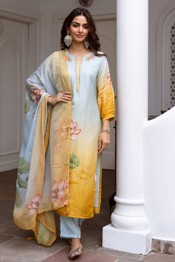 Women's Pista Green: Mustard Dola Silk Kurta Pant and Dupatta Set