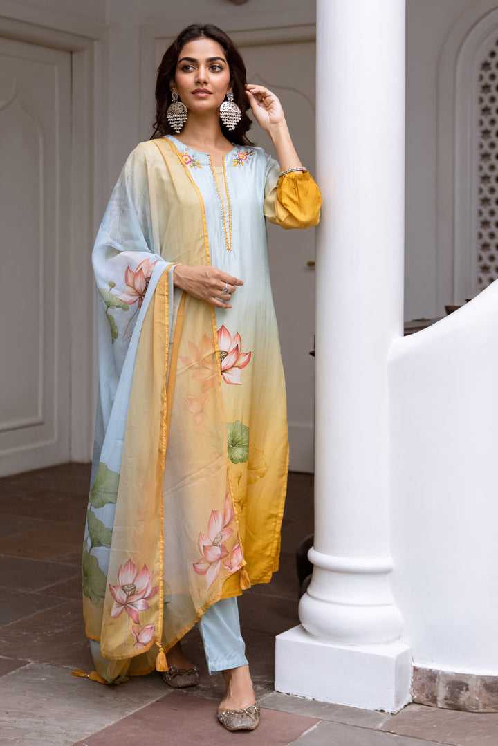 Women's Pista Green: Mustard Dola Silk Kurta Pant and Dupatta Set