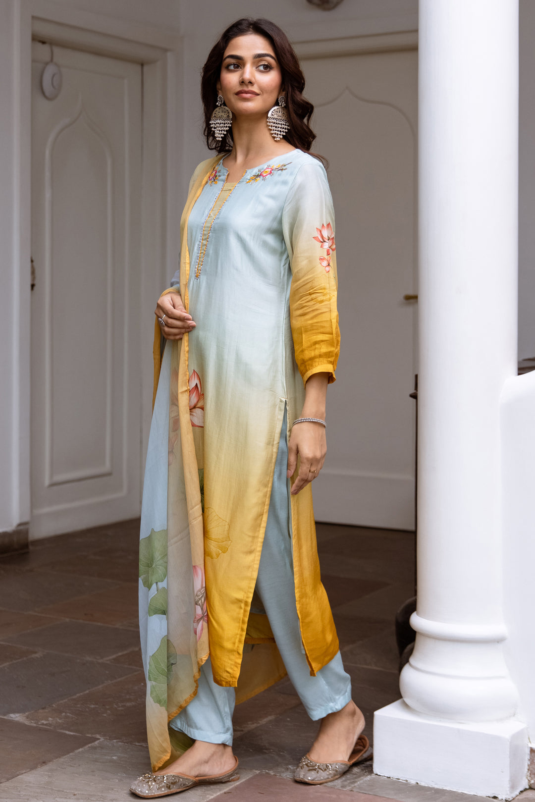 Women's Pista Green: Mustard Dola Silk Kurta Pant and Dupatta Set