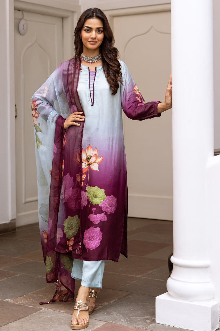 Women's Pista Green: Purple Dola Silk Kurta Pant and Dupatta Set