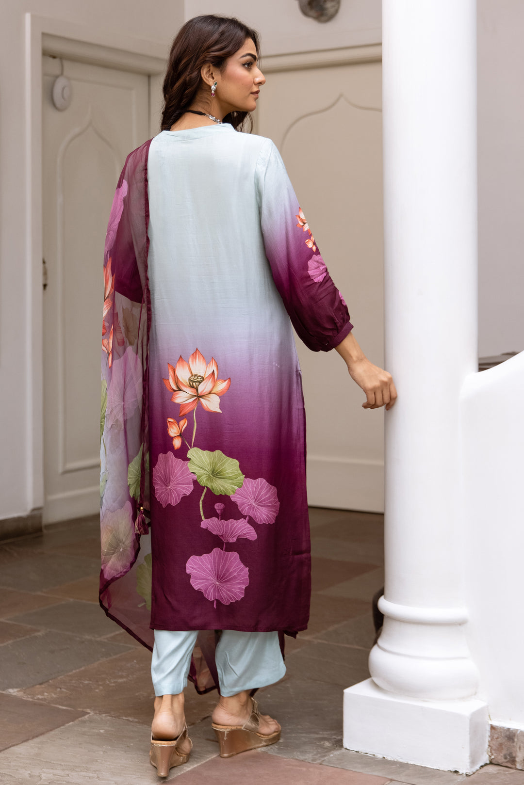 Women's Pista Green: Purple Dola Silk Kurta Pant and Dupatta Set