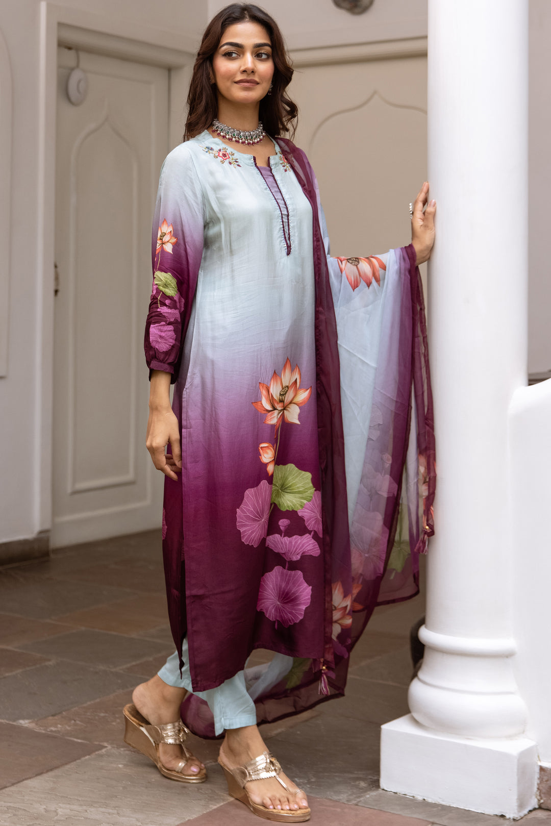 Women's Pista Green: Purple Dola Silk Kurta Pant and Dupatta Set