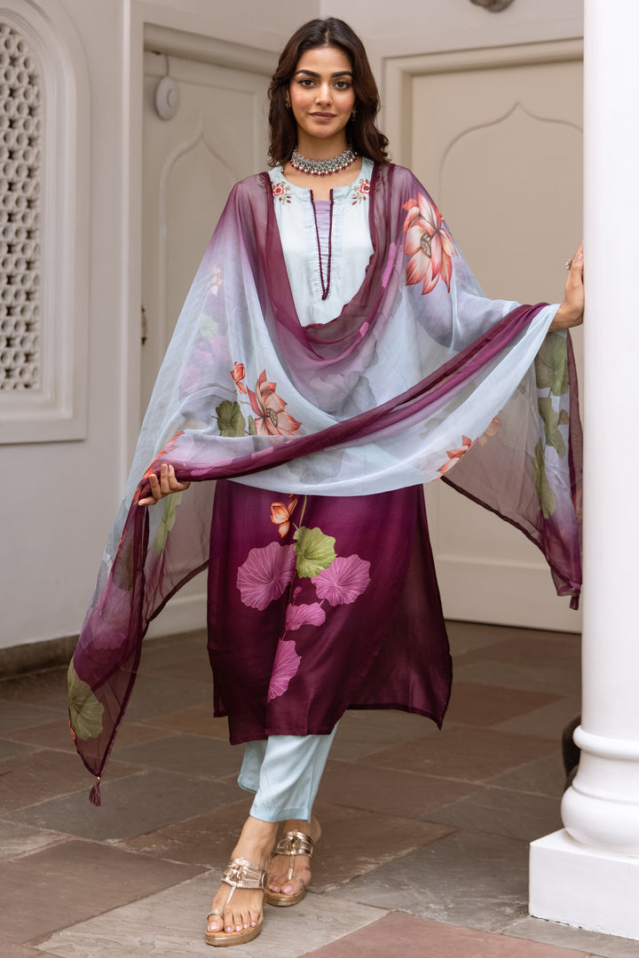 Women's Pista Green: Purple Dola Silk Kurta Pant and Dupatta Set