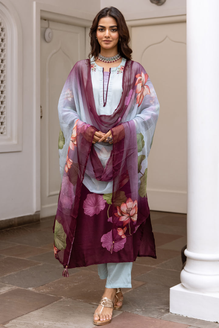 Women's Pista Green: Purple Dola Silk Kurta Pant and Dupatta Set