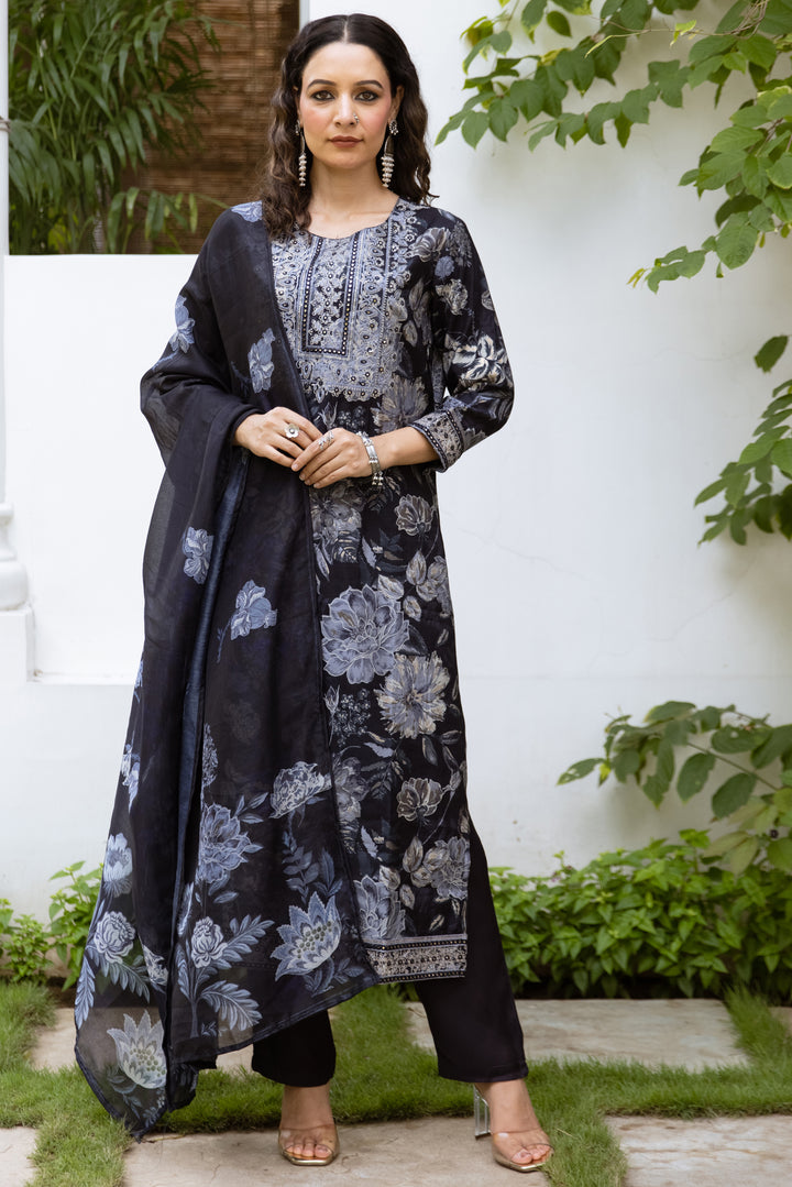 Women's Black Cotton 60*60 Kurta Pant and Dupatta Set