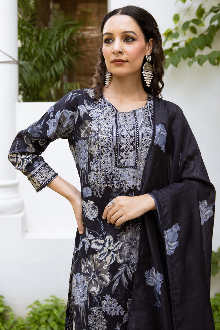 Women's Black Cotton 60*60 Kurta Pant and Dupatta Set