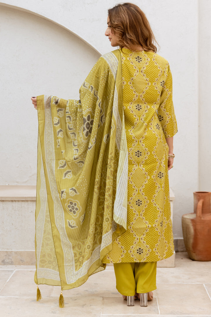 Women's Green Modal Muslin Kurta Pant and Dupatta Set