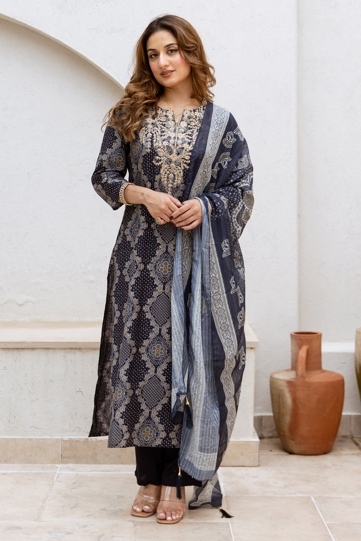 Women's Blue Modal Muslin Kurta Pant and Dupatta Set