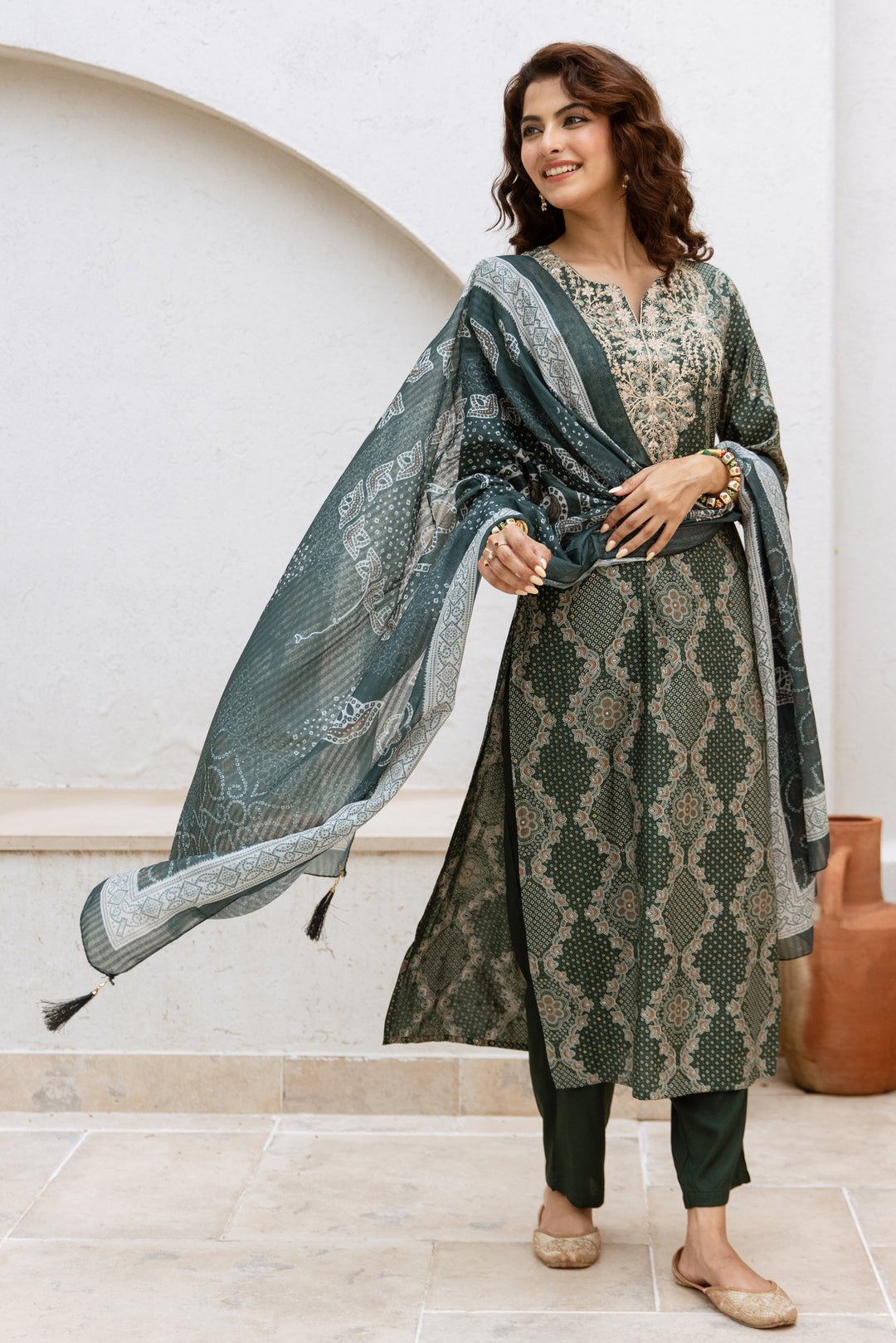 Women's Bottle Green Modal Muslin Kurta Pant and Dupatta Set