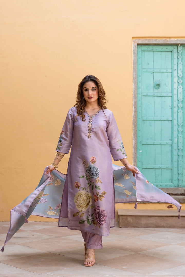 Women's Purple Tissue Silk Kurta Pant and Dupatta Set