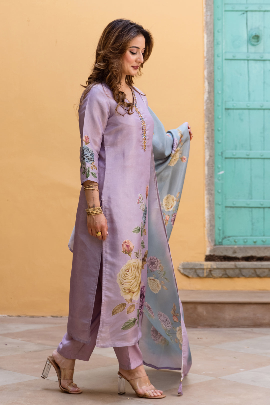 Women's Purple Tissue Silk Kurta Pant and Dupatta Set