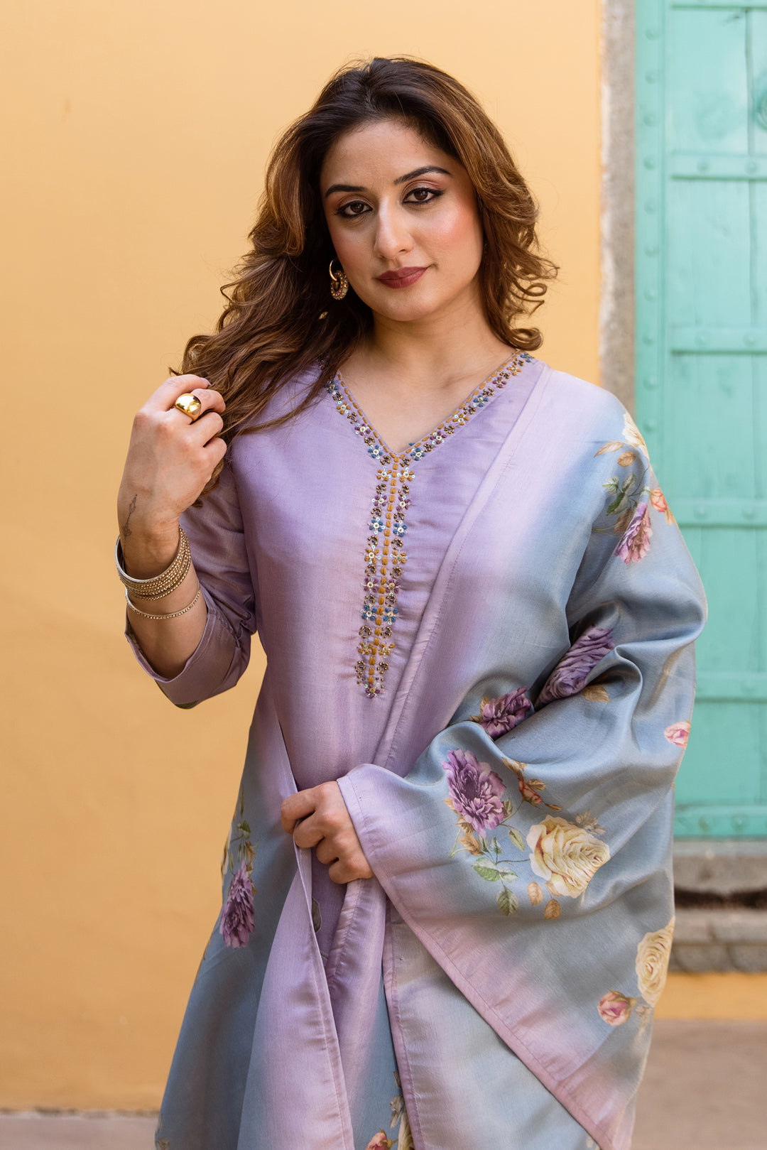 Women's Purple Tissue Silk Kurta Pant and Dupatta Set