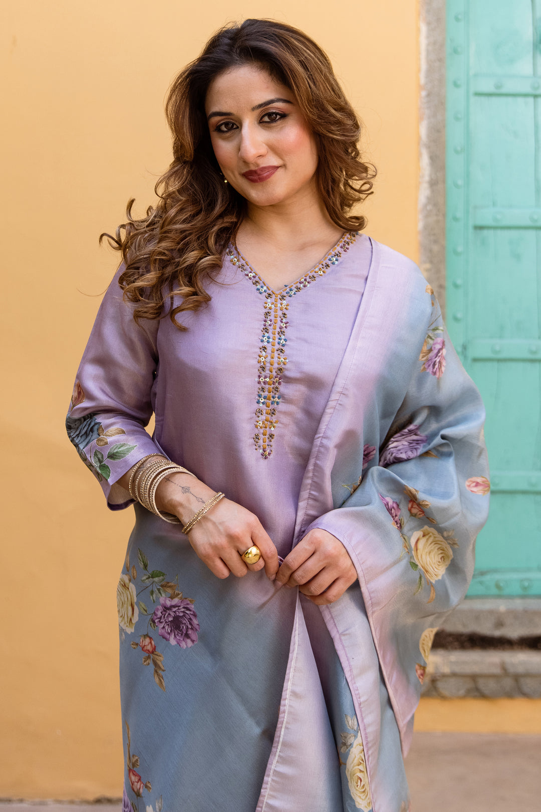 Women's Purple Tissue Silk Kurta Pant and Dupatta Set