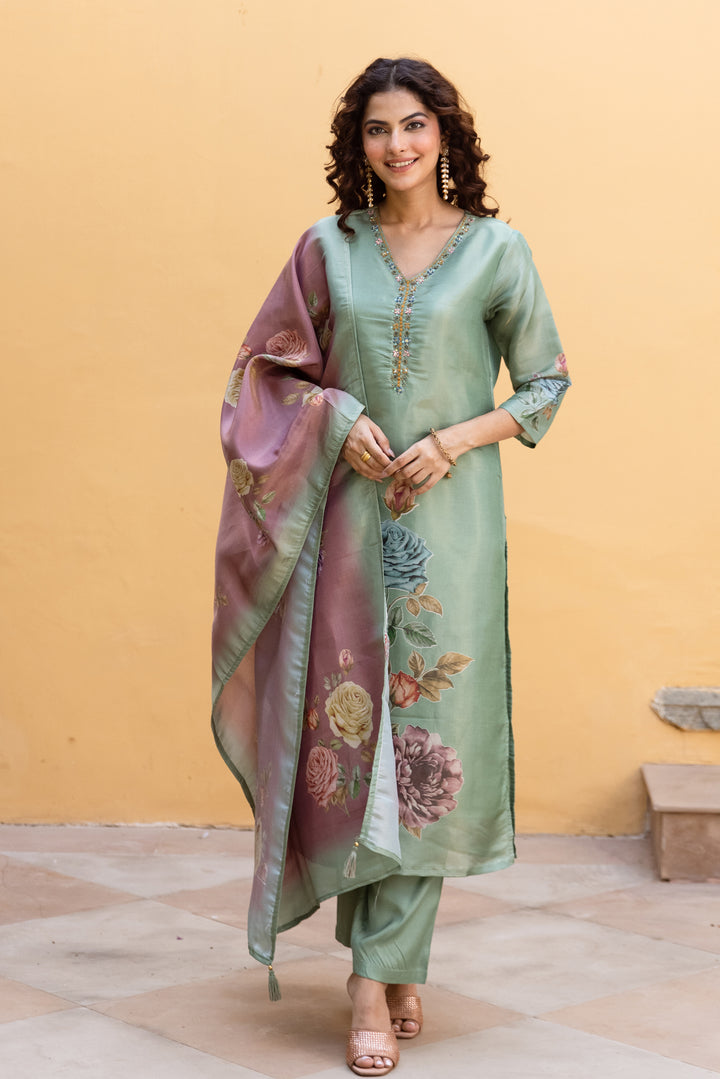 Women's Green Tissue Silk Kurta Pant and Dupatta Set