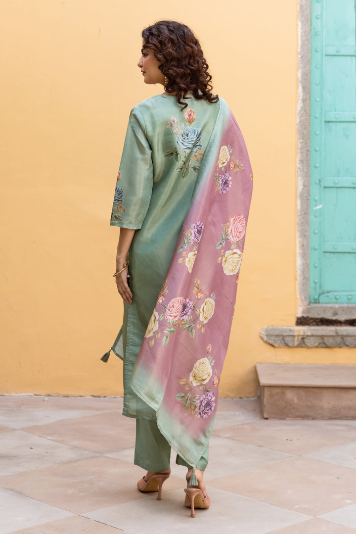 Women's Green Tissue Silk Kurta Pant and Dupatta Set