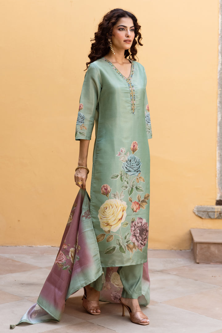 Women's Green Tissue Silk Kurta Pant and Dupatta Set