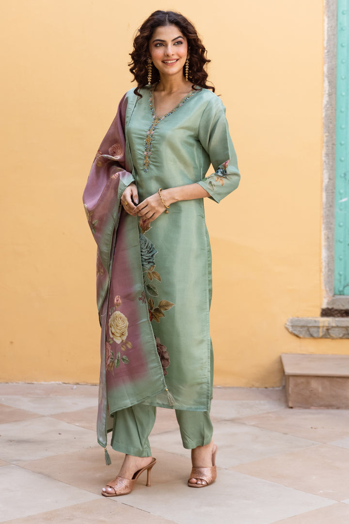 Women's Green Tissue Silk Kurta Pant and Dupatta Set