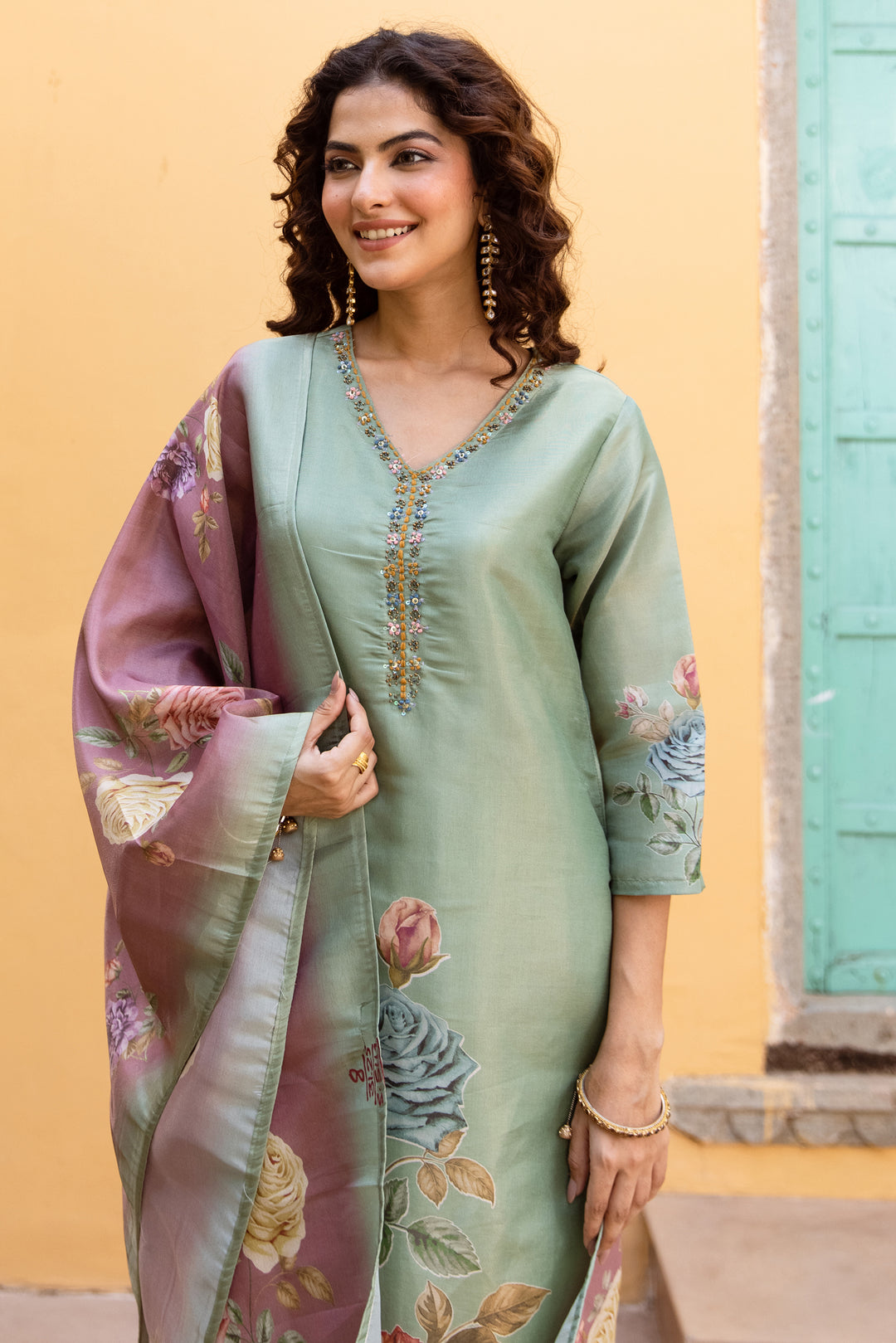 Women's Green Tissue Silk Kurta Pant and Dupatta Set