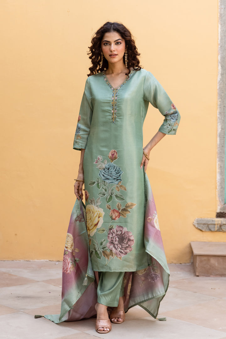 Women's Green Tissue Silk Kurta Pant and Dupatta Set