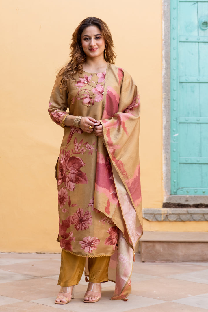 Women's Brown Tissue Silk Kurta Pant and Dupatta Set