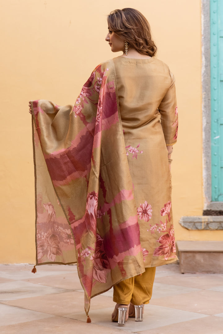 Women's Brown Tissue Silk Kurta Pant and Dupatta Set