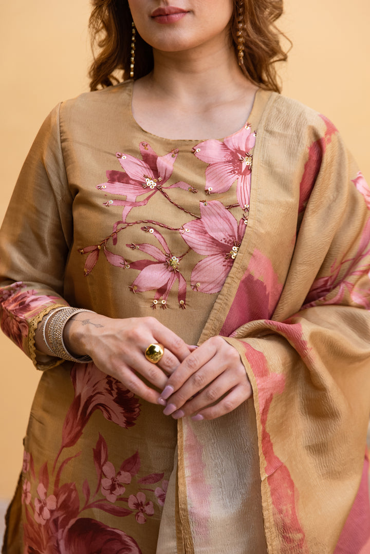 Women's Brown Tissue Silk Kurta Pant and Dupatta Set