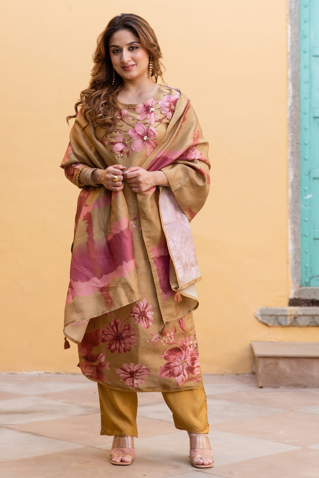 Women's Brown Tissue Silk Kurta Pant and Dupatta Set