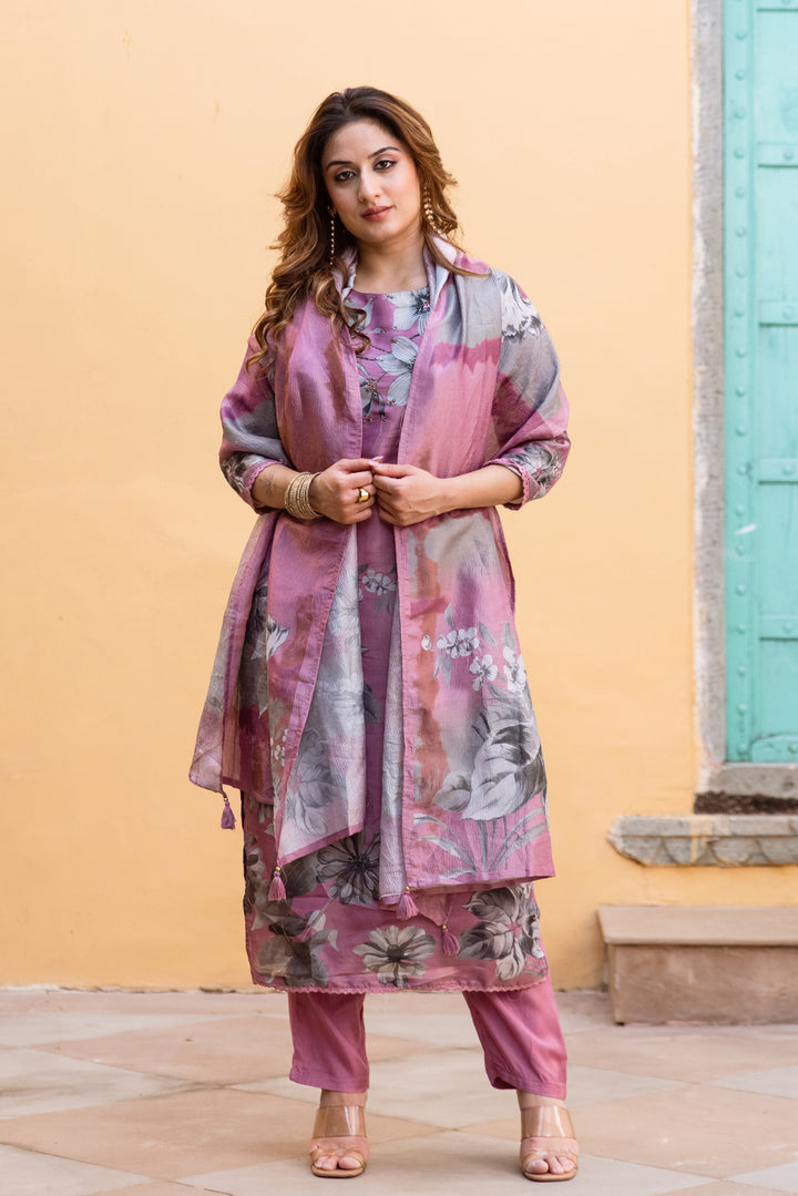 Women's Purple Tissue Silk Kurta Pant and Dupatta Set