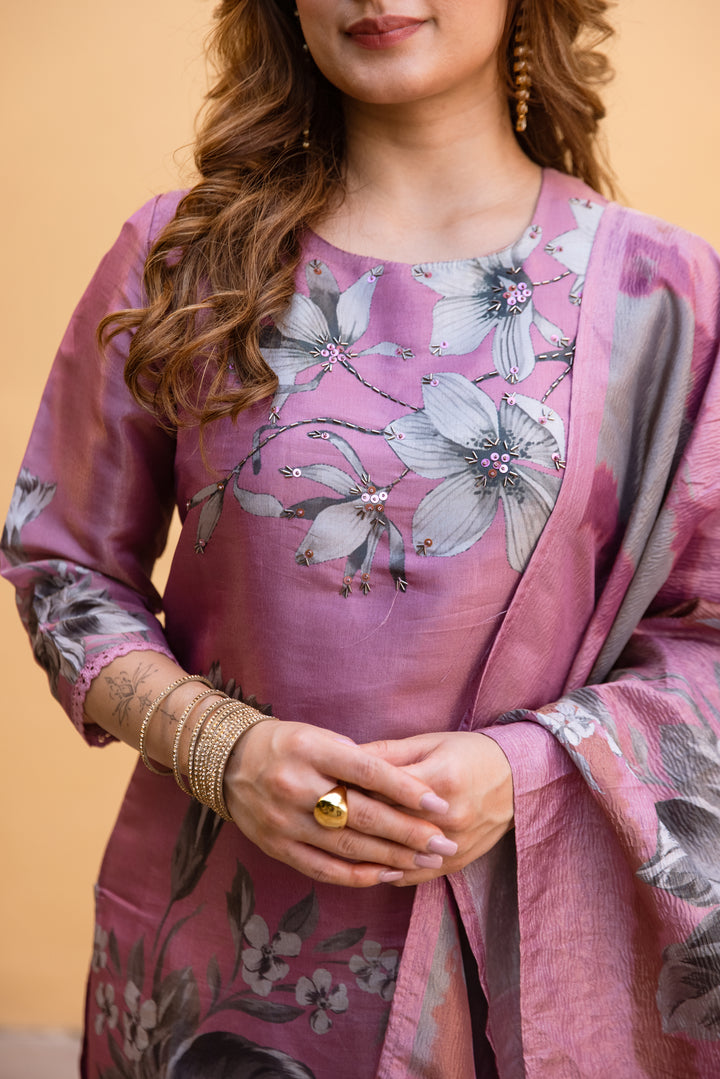 Women's Purple Tissue Silk Kurta Pant and Dupatta Set