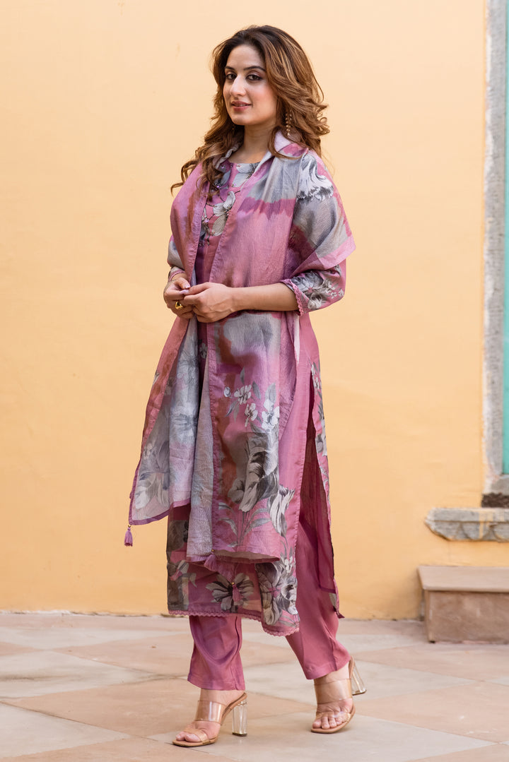 Women's Purple Tissue Silk Kurta Pant and Dupatta Set