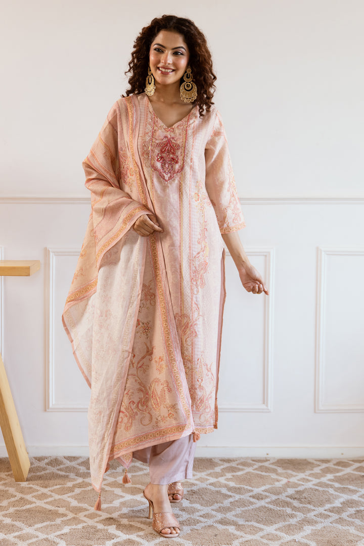 Women's Peach Modal Tissue Kurta Pant and Dupatta Set