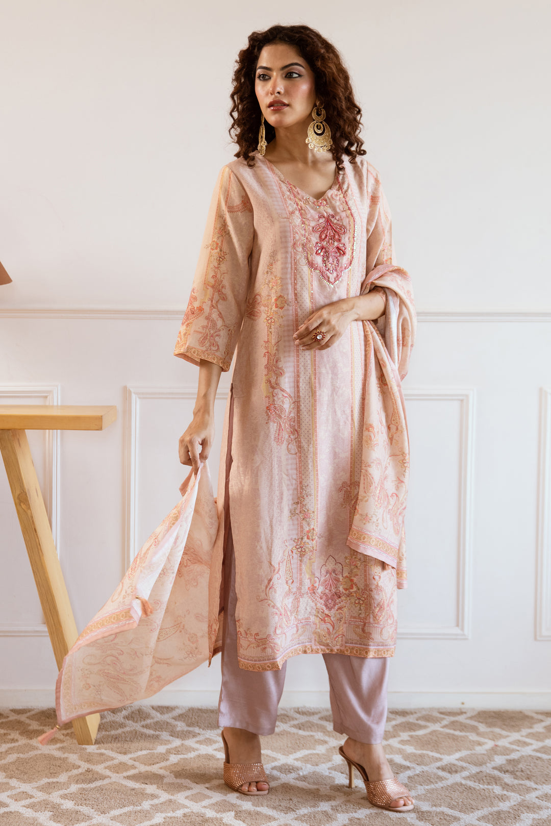 Women's Peach Modal Tissue Kurta Pant and Dupatta Set