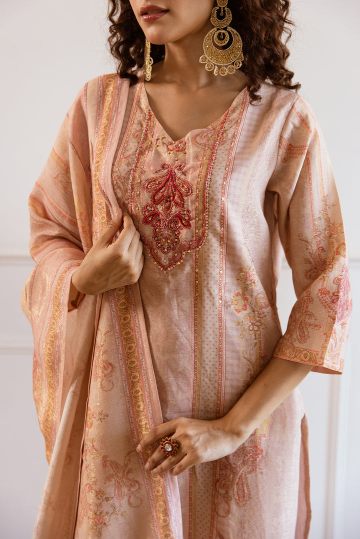 Women's Peach Modal Tissue Kurta Pant and Dupatta Set