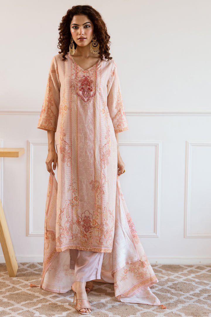 Women's Peach Modal Tissue Kurta Pant and Dupatta Set