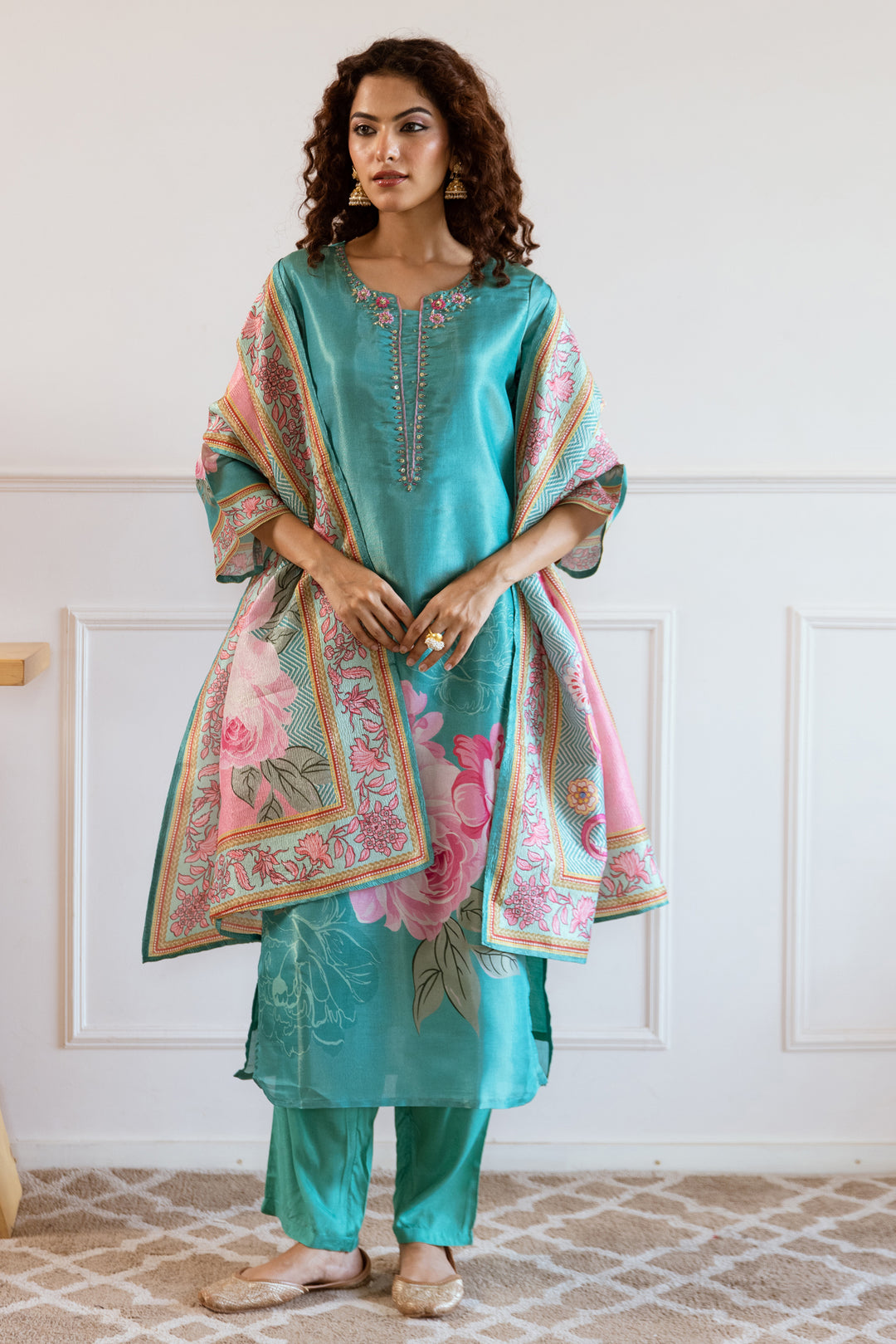 Women's Green Tissue Silk Kurta Pant and Dupatta Set