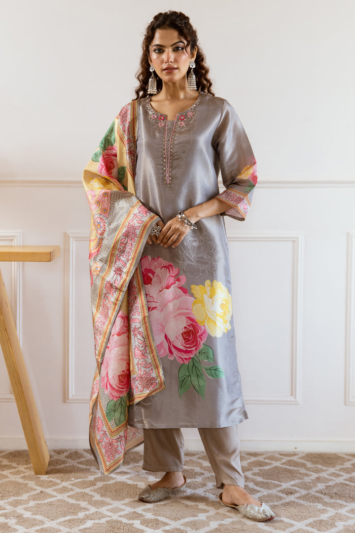 Women's Grey Tissue Silk Kurta Pant and Dupatta Set