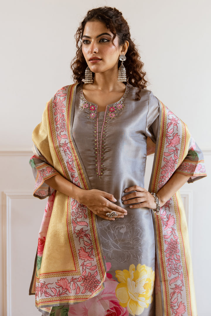 Women's Grey Tissue Silk Kurta Pant and Dupatta Set