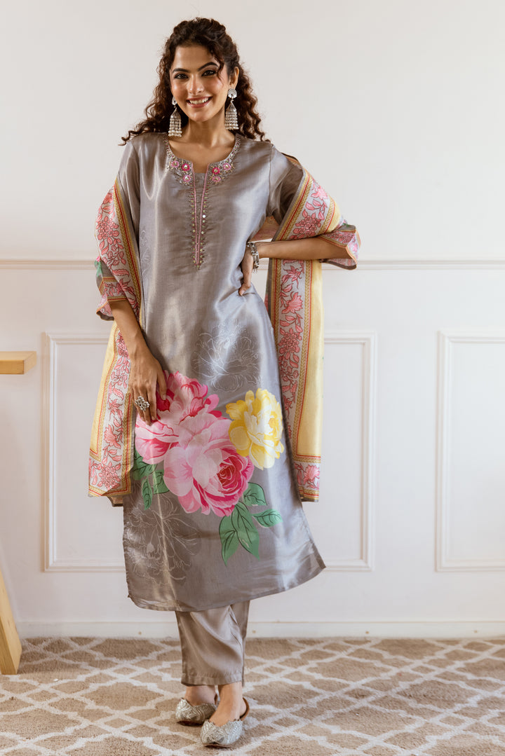 Women's Grey Tissue Silk Kurta Pant and Dupatta Set